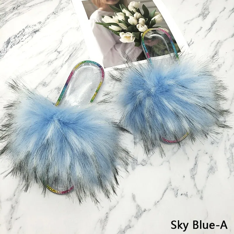 Summer Casual Sky Blue Synthetic Fur Crystal House Slippers for Women