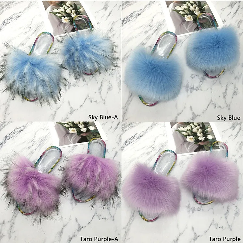 Summer Casual Sky Blue Synthetic Fur Crystal House Slippers for Women