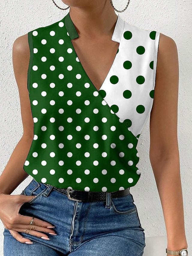 Tank Top Black Wine Blue Polka Dot Print Sleeveless Casual Basic V Neck Regular S for Women