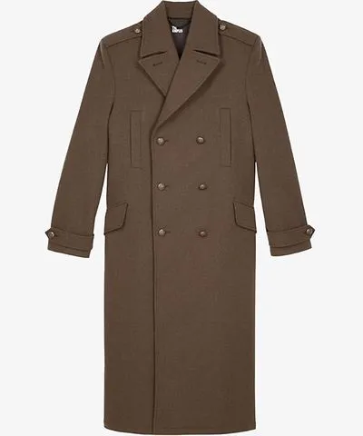 The Kooples Mens Kaki Double-breasted longline wool-blend coat