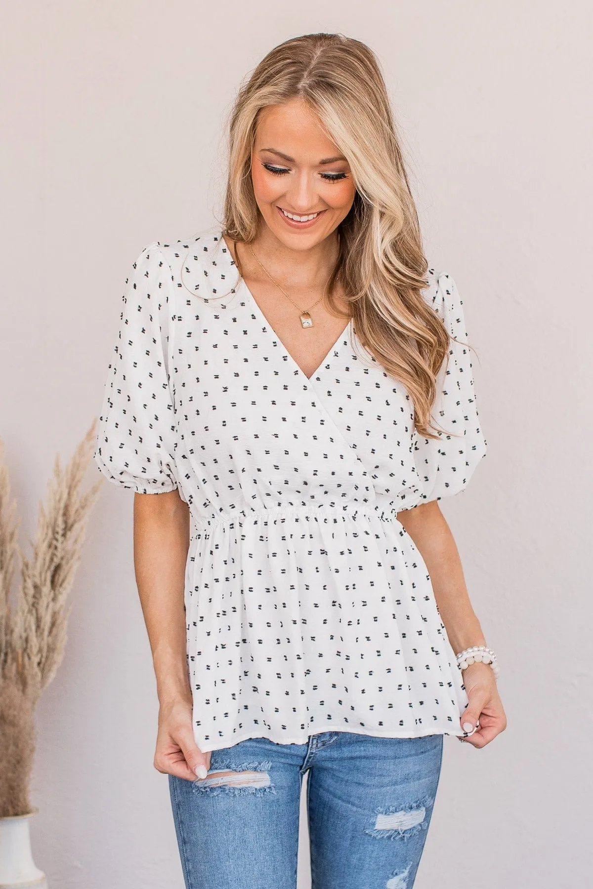 Think Happy Thoughts Swiss Dot Top- White