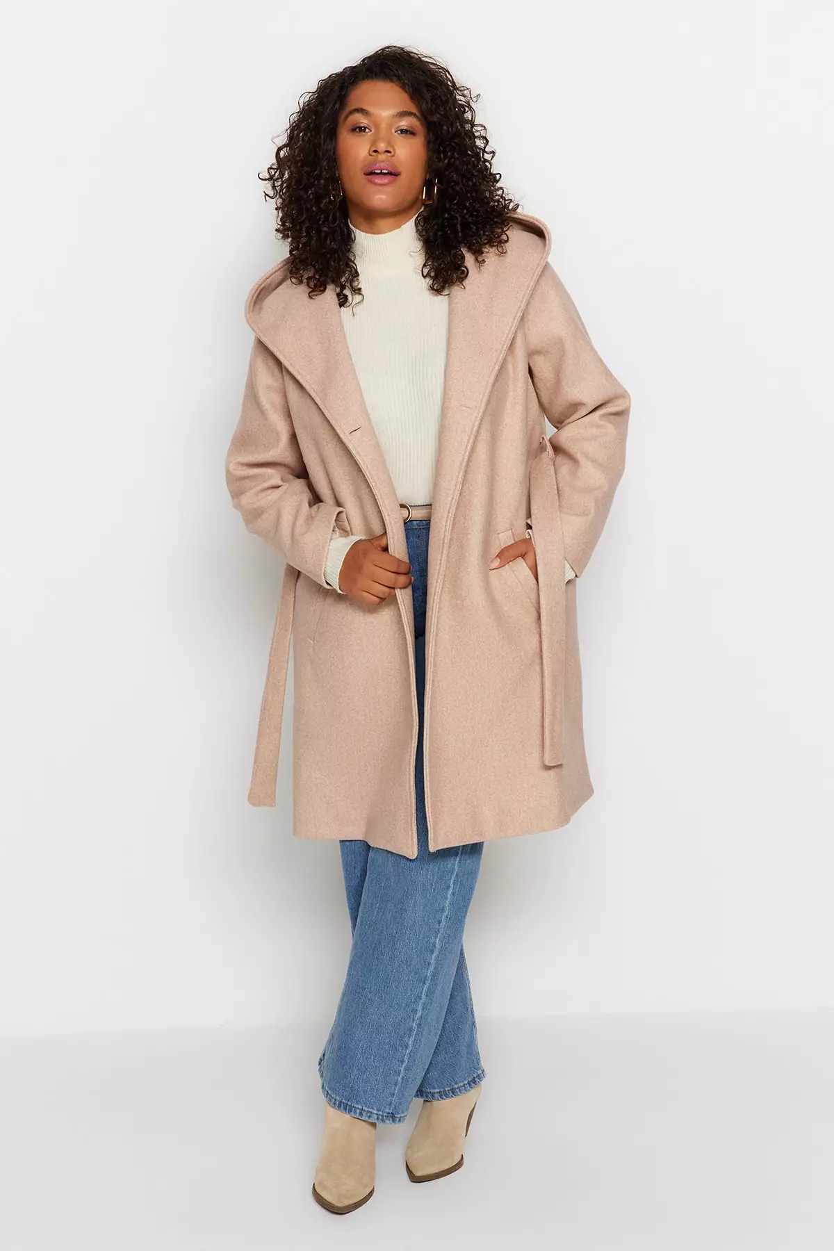 Trendyol Plus Size Belted Double Breasted Closed Coat