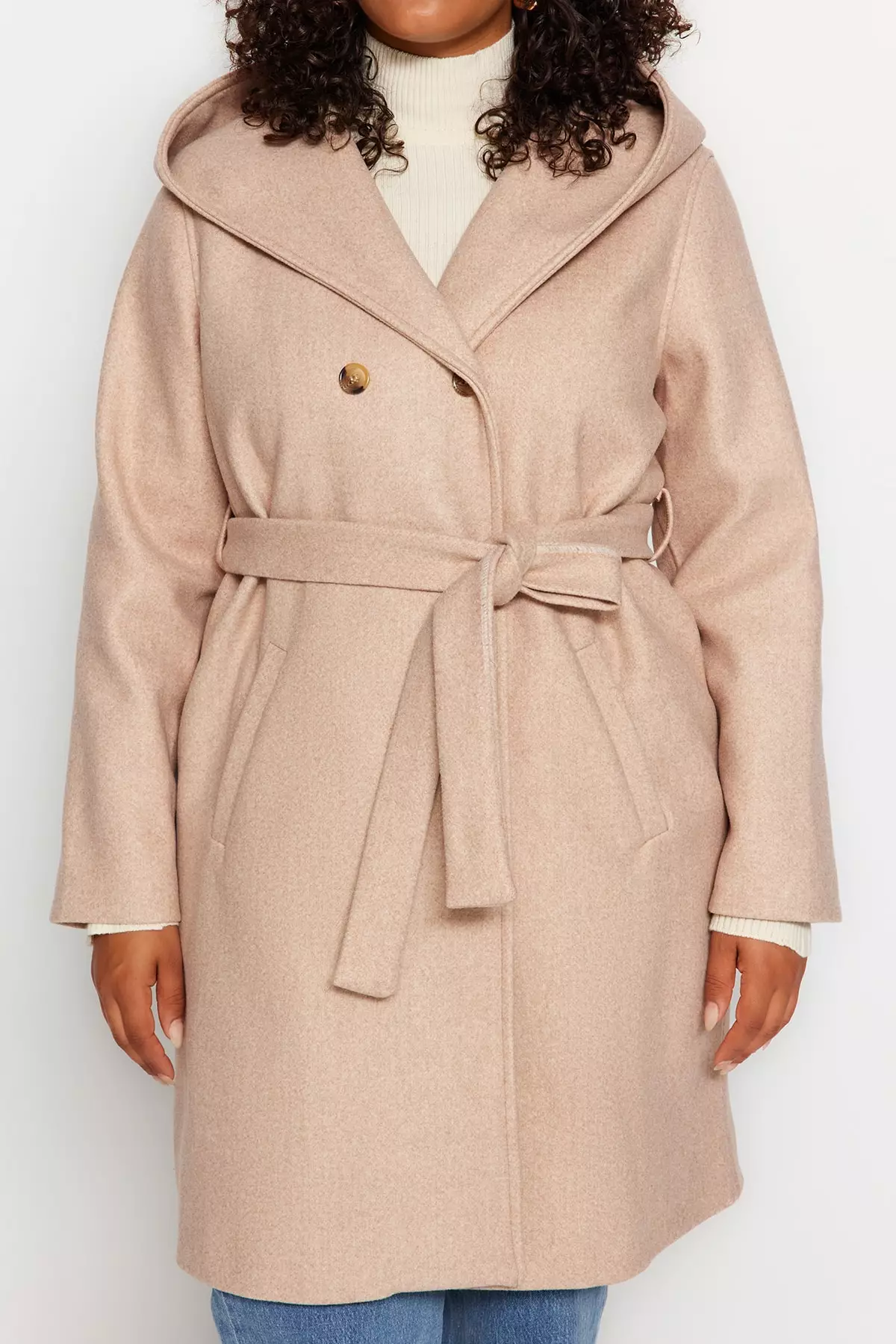 Trendyol Plus Size Belted Double Breasted Closed Coat