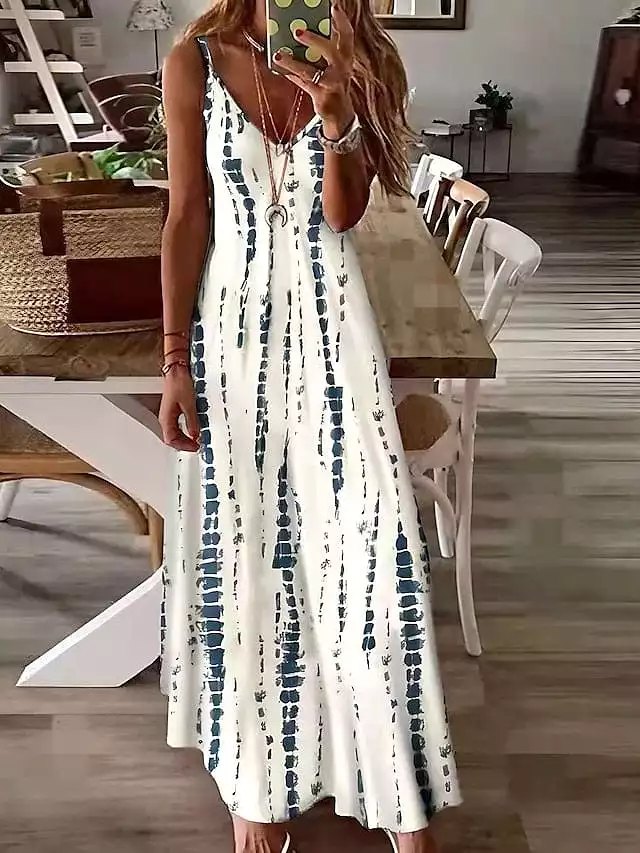 Versatile Women's A Line Maxi Dress with Spaghetti Straps and Elegant Print