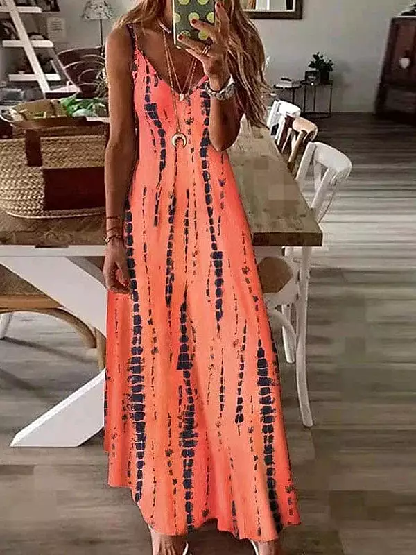 Versatile Women's A Line Maxi Dress with Spaghetti Straps and Elegant Print