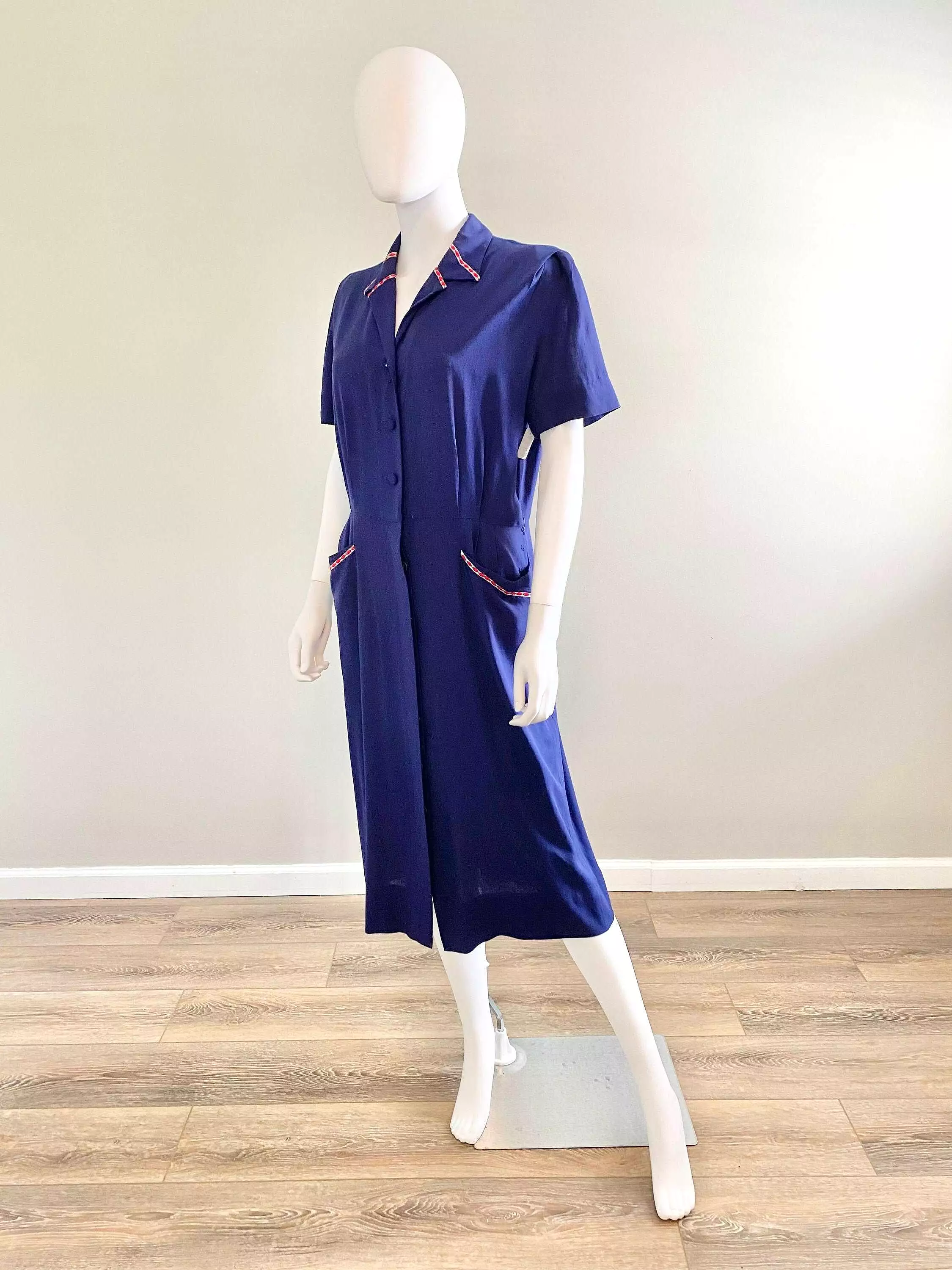 Vintage 1940s Navy Blue Rayon Dress / 40s retro day dress / Size L XL