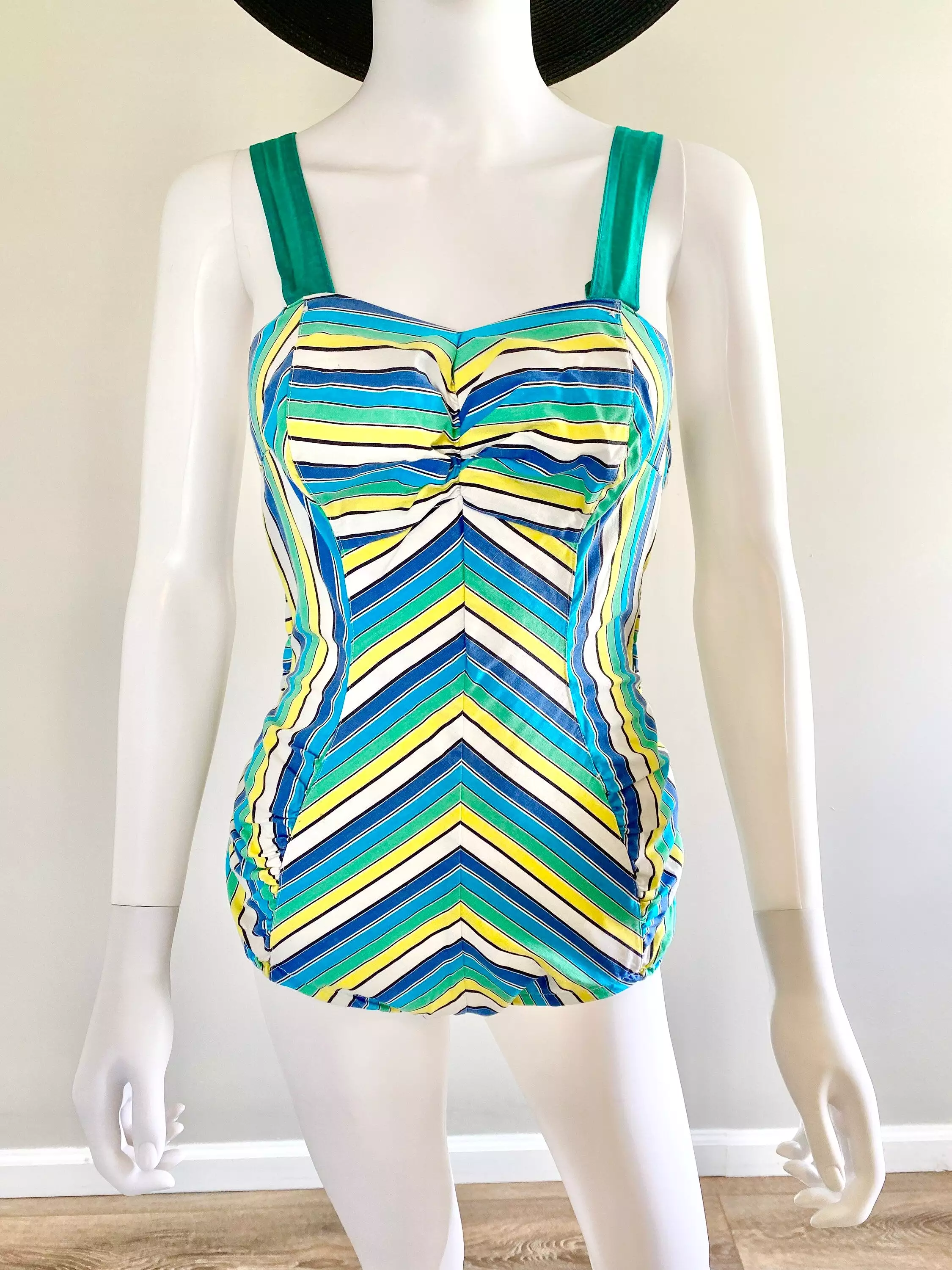 Vintage 1940s Striped Swimsuit / 40s Retro Bathing Suit / 40s Swimwear / Size S