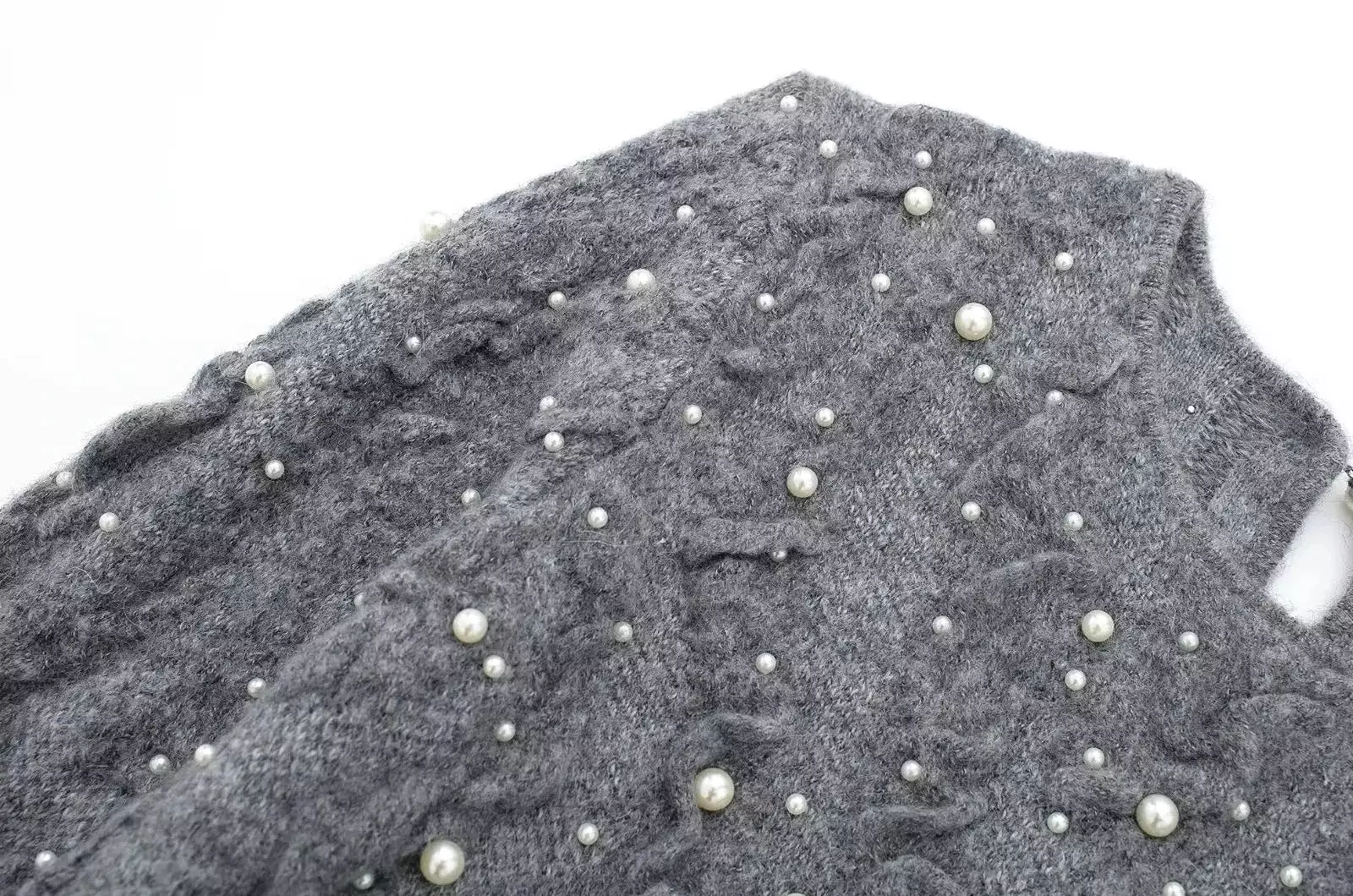 Vintage Gray Knitted Sweaters Women Long Sleeve O Neck Pearl Loose Pullovers Fashion 2024