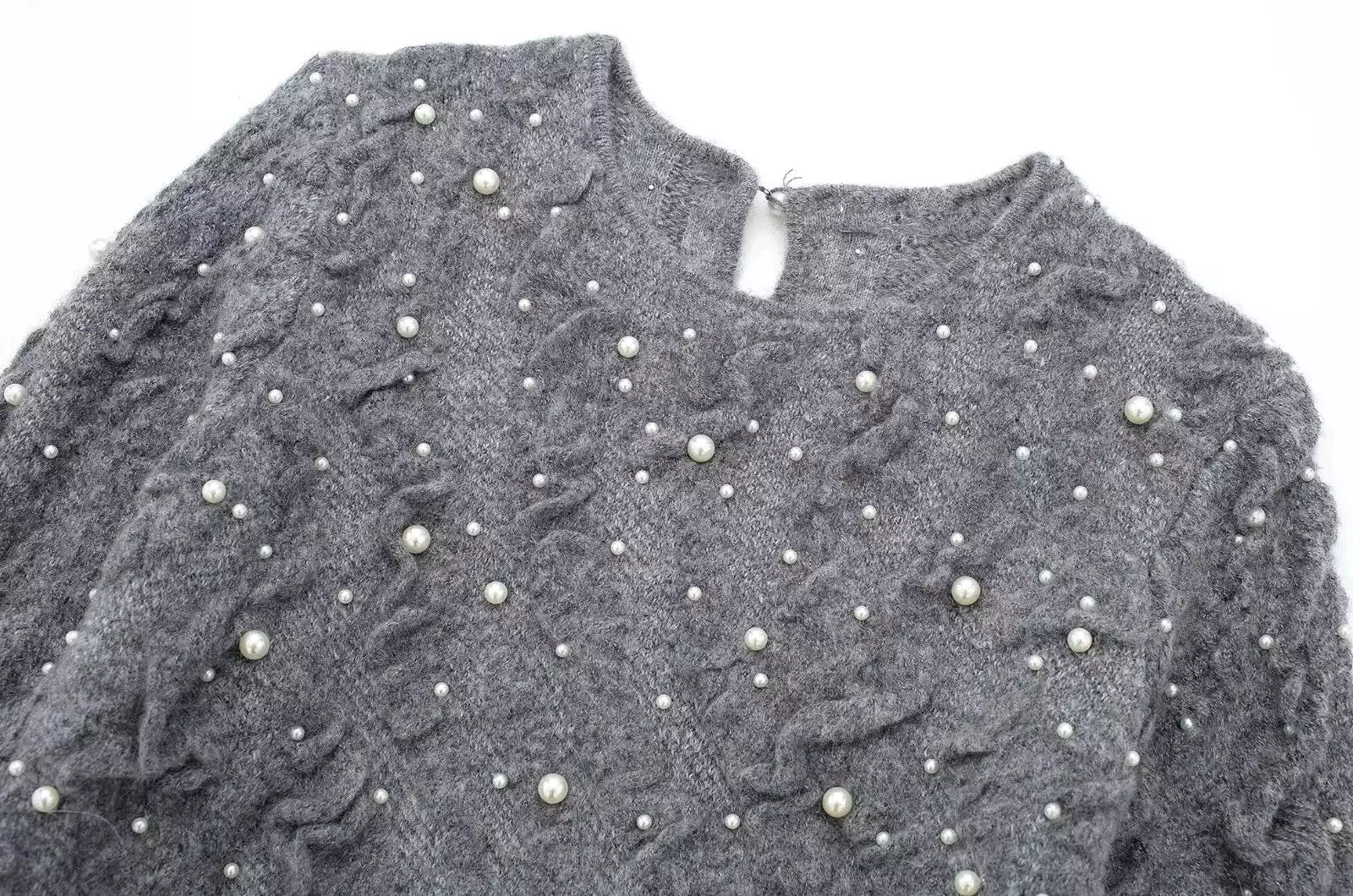 Vintage Gray Knitted Sweaters Women Long Sleeve O Neck Pearl Loose Pullovers Fashion 2024