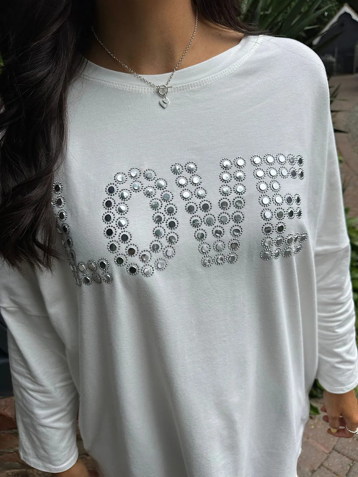 White Diamante Love Slogan Top Lea