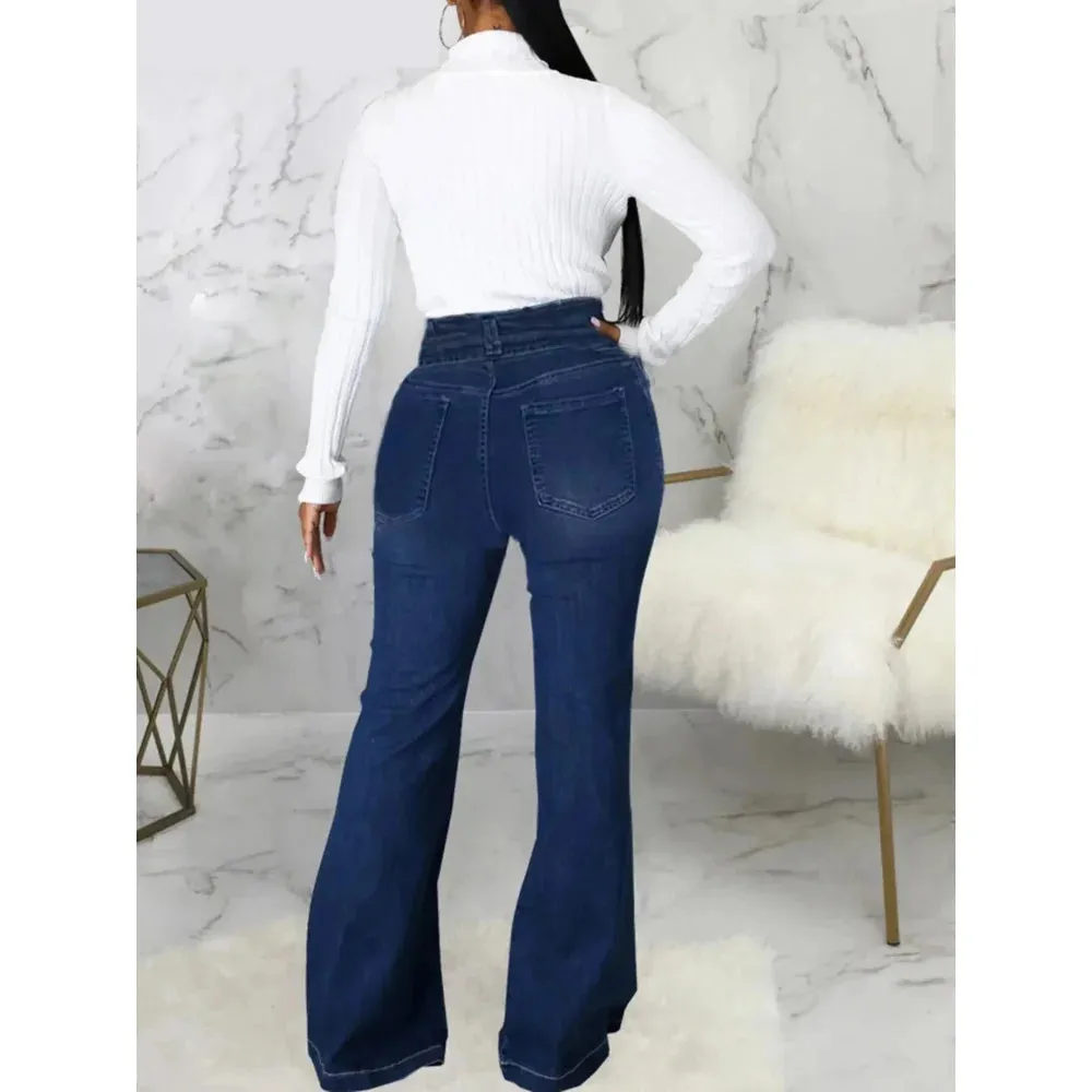 Women's Cotton Spliced Patchwork High Waist Boot Cut Flare Jeans Pants