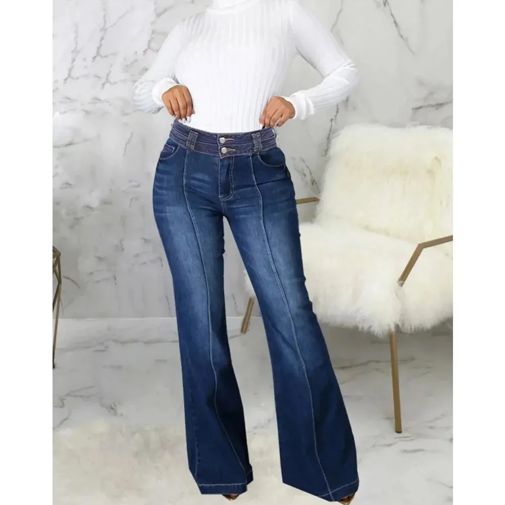 Women's Cotton Spliced Patchwork High Waist Boot Cut Flare Jeans Pants