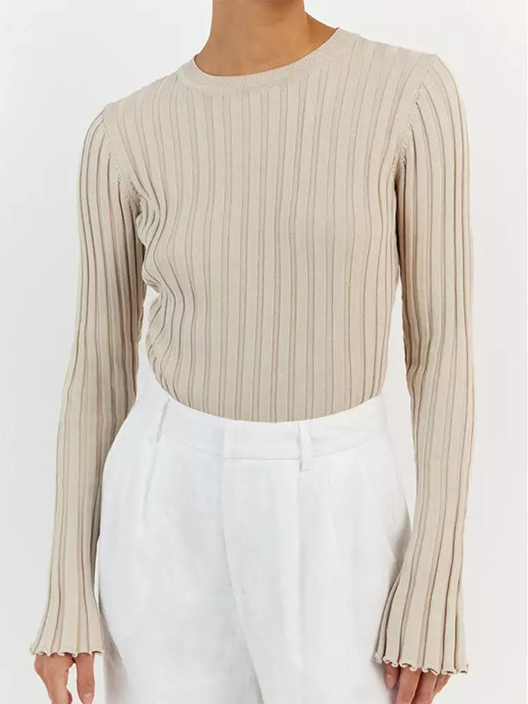 Womens Knitted Sweater Tops White O Neck Long Sleeve Striped Sweaters