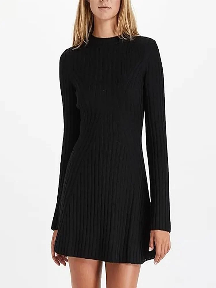 Womens Ribbed Knitted Sweater Dress Fashion O Neck Long Sleeve Midi Dresses 2023