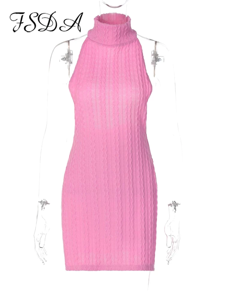 Y2K Knitted O Neck Sexy Backless Mini Split Dress Summer Women Y2K Sleeveless Party Short Dresses Clubwear Pink